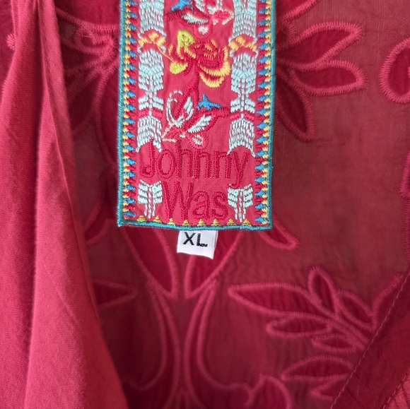 Johnny Was Red Embroidered Midi Dress. 39" long, chest is 22". - Picture 9 of 13